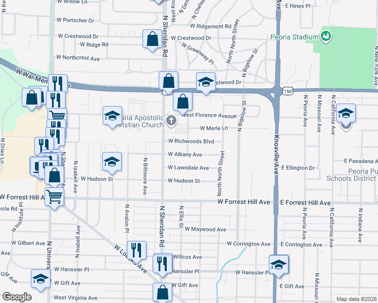 map of restaurants, bars, coffee shops, grocery stores, and more near 513 West Albany Avenue in Peoria