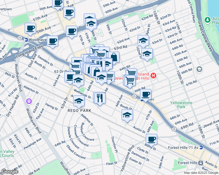 map of restaurants, bars, coffee shops, grocery stores, and more near 9714 65th Road in Queens