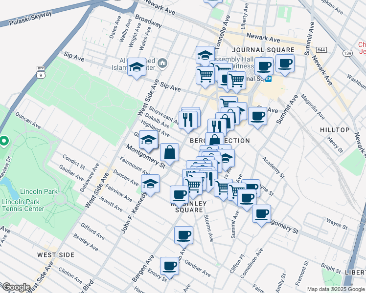 map of restaurants, bars, coffee shops, grocery stores, and more near 2684 John F Kennedy Boulevard West in Jersey City