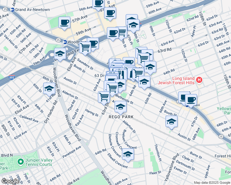 map of restaurants, bars, coffee shops, grocery stores, and more near 93-6 63rd Drive in Queens