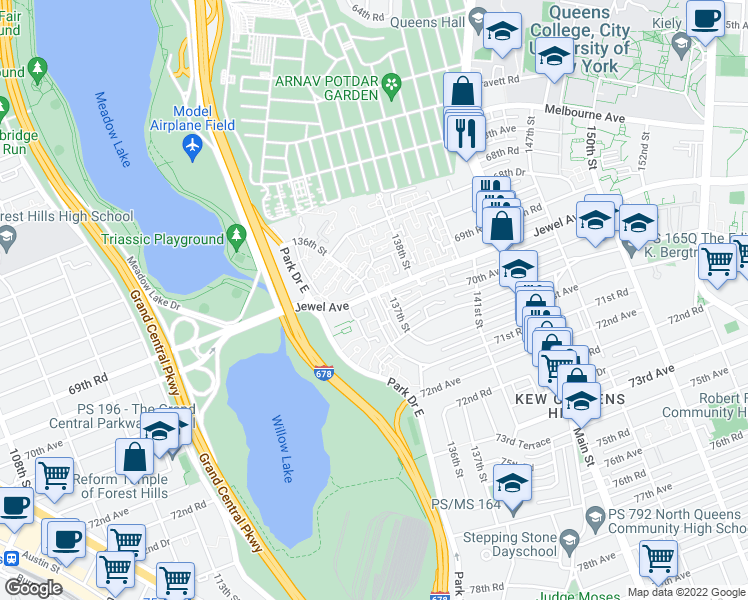 map of restaurants, bars, coffee shops, grocery stores, and more near 69-51 136th Street in Queens