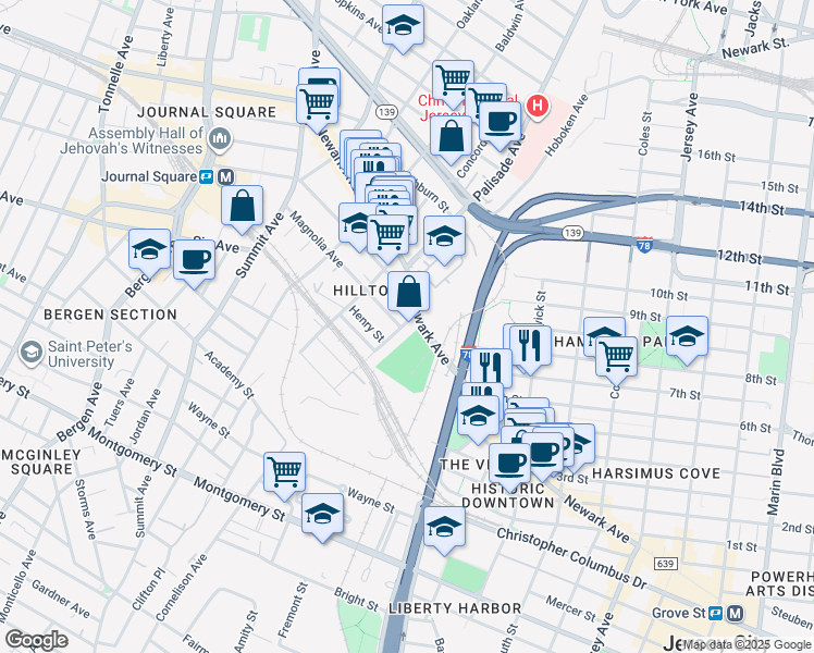 map of restaurants, bars, coffee shops, grocery stores, and more near 108 Waldo Avenue in Jersey City