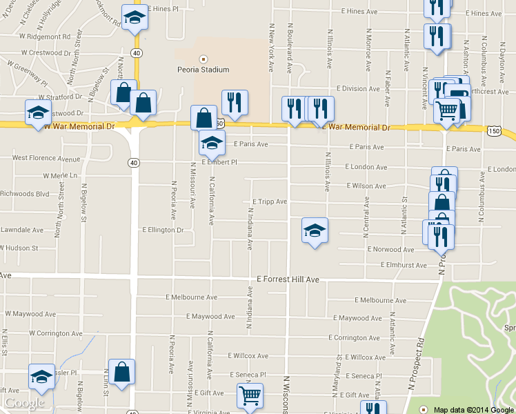 map of restaurants, bars, coffee shops, grocery stores, and more near 522 East Tripp Avenue in Peoria