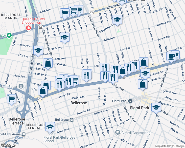 map of restaurants, bars, coffee shops, grocery stores, and more near 253-04 87th Drive in Queens
