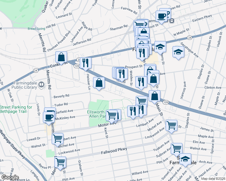 map of restaurants, bars, coffee shops, grocery stores, and more near 474 Fulton Street in Farmingdale