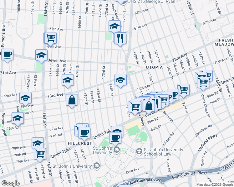map of restaurants, bars, coffee shops, grocery stores, and more near 74-26 175th Street in Queens