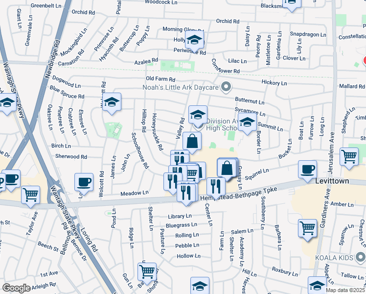 map of restaurants, bars, coffee shops, grocery stores, and more near 123 Division Avenue in Levittown
