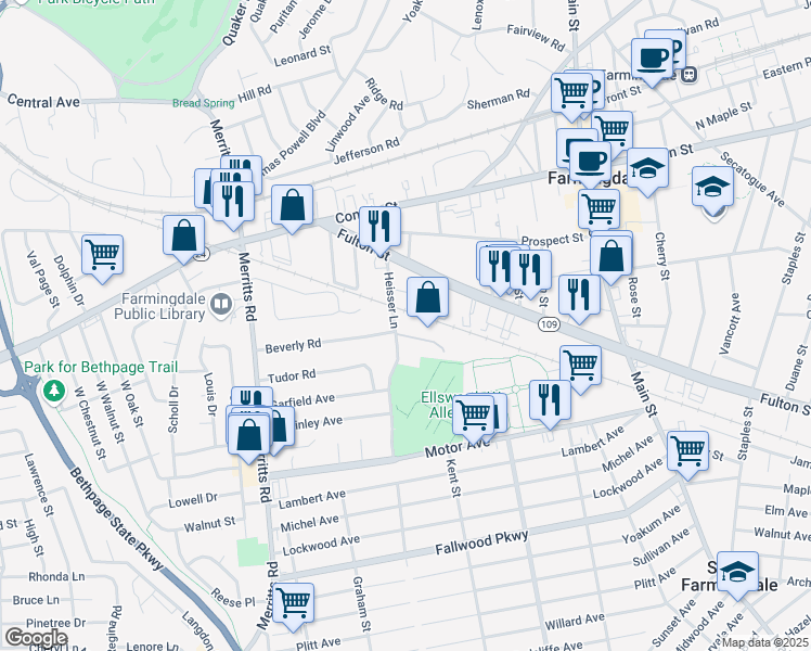map of restaurants, bars, coffee shops, grocery stores, and more near 38 Heisser Lane in Farmingdale