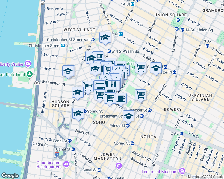 map of restaurants, bars, coffee shops, grocery stores, and more near 187 Thompson Street in New York