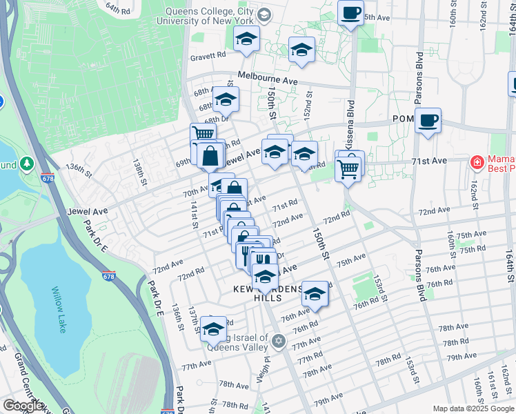 map of restaurants, bars, coffee shops, grocery stores, and more near 71-07 Vleigh Place in Queens