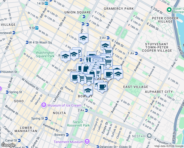 map of restaurants, bars, coffee shops, grocery stores, and more near 34 East 7th Street in New York