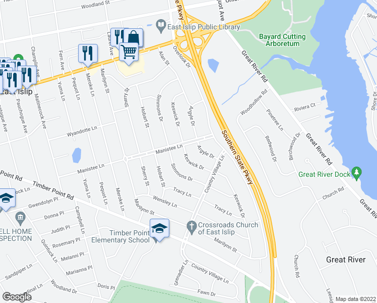 map of restaurants, bars, coffee shops, grocery stores, and more near 105 Keswick Drive in East Islip