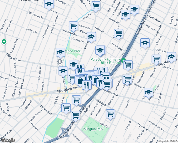 map of restaurants, bars, coffee shops, grocery stores, and more near 27 Linden Avenue in Irvington