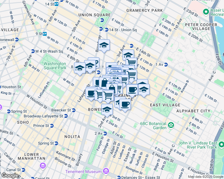 map of restaurants, bars, coffee shops, grocery stores, and more near 40 East 7th Street in New York