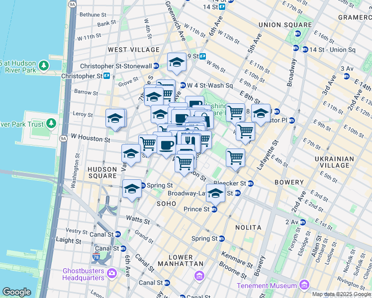 map of restaurants, bars, coffee shops, grocery stores, and more near 183 Thompson Street in New York