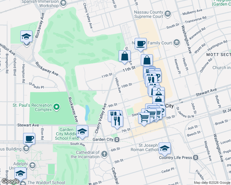 map of restaurants, bars, coffee shops, grocery stores, and more near 96 10th Street in Garden City