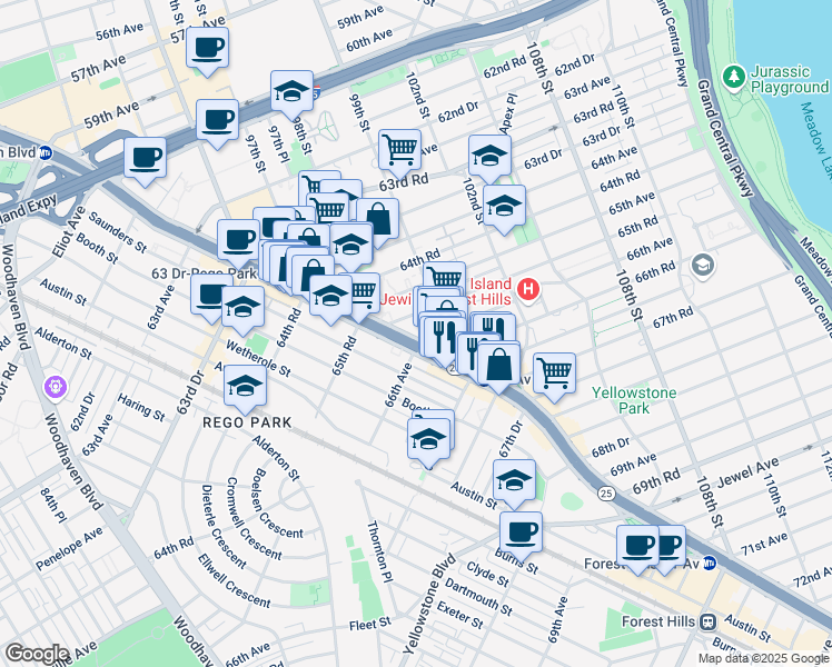 map of restaurants, bars, coffee shops, grocery stores, and more near 95 Queens Boulevard in Queens