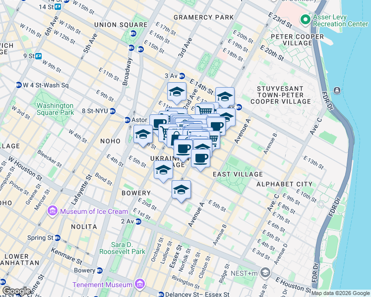 map of restaurants, bars, coffee shops, grocery stores, and more near 69 Saint Marks Place in New York