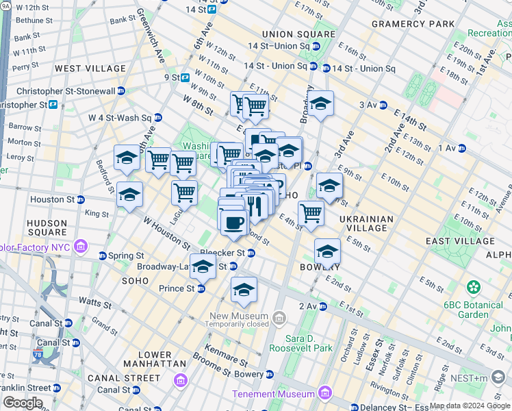 map of restaurants, bars, coffee shops, grocery stores, and more near 690 Broadway in New York