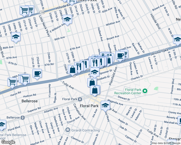 map of restaurants, bars, coffee shops, grocery stores, and more near 9 Spooner Street in Floral Park