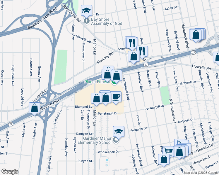 map of restaurants, bars, coffee shops, grocery stores, and more near 854 Sunrise Highway in Bay Shore