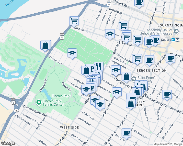 map of restaurants, bars, coffee shops, grocery stores, and more near 208 Olean Avenue in Jersey City