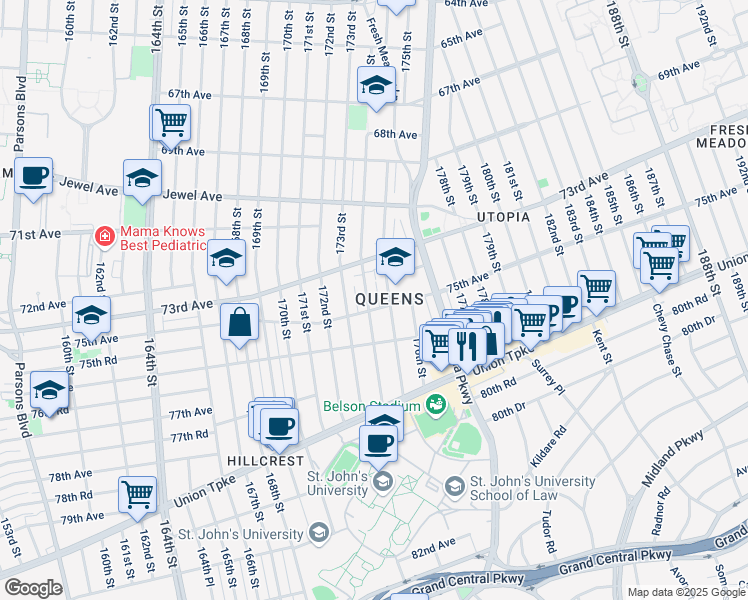 map of restaurants, bars, coffee shops, grocery stores, and more near in Queens