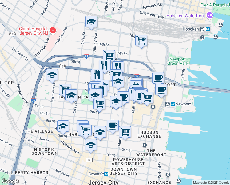 map of restaurants, bars, coffee shops, grocery stores, and more near 514 Manila Avenue in Jersey City