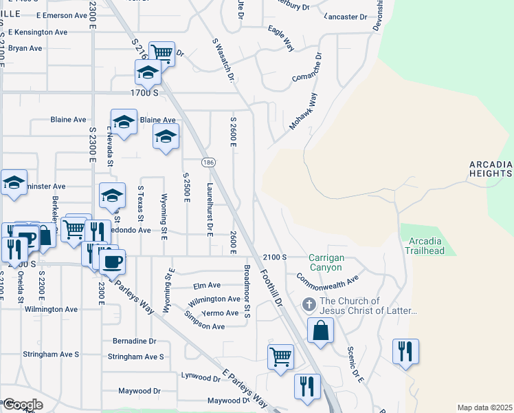 map of restaurants, bars, coffee shops, grocery stores, and more near 1946 Wasatch Drive East in Salt Lake City