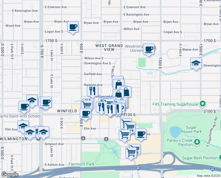 map of restaurants, bars, coffee shops, grocery stores, and more near 1932 South McClelland Street in Salt Lake City