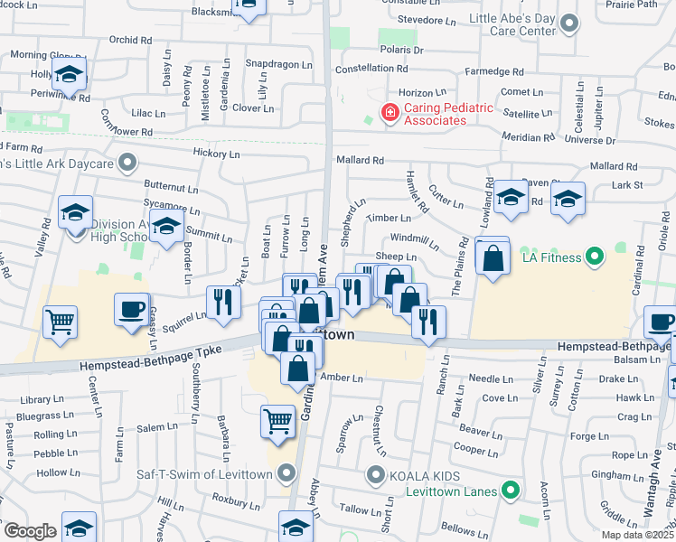 map of restaurants, bars, coffee shops, grocery stores, and more near 88 Shepherd Lane in Levittown