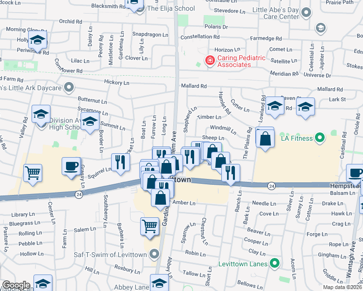 map of restaurants, bars, coffee shops, grocery stores, and more near 86 Shepherd Lane in Levittown