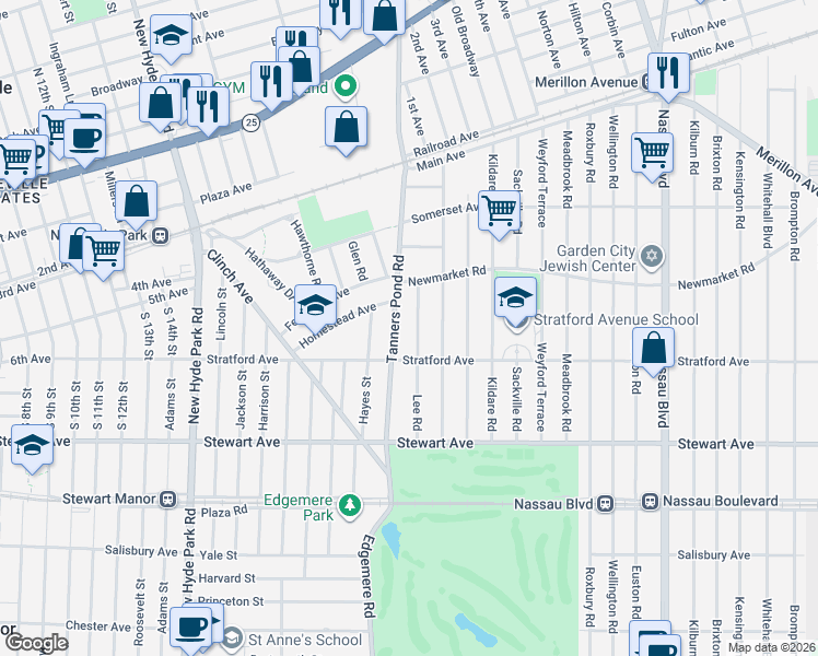 map of restaurants, bars, coffee shops, grocery stores, and more near 137 Tanners Pond Road in Garden City
