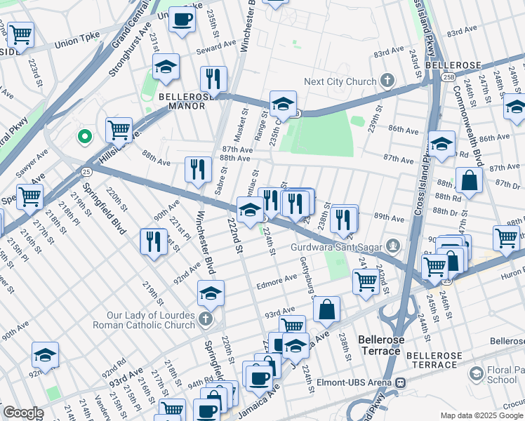 map of restaurants, bars, coffee shops, grocery stores, and more near 89-56 Moline Street in Queens