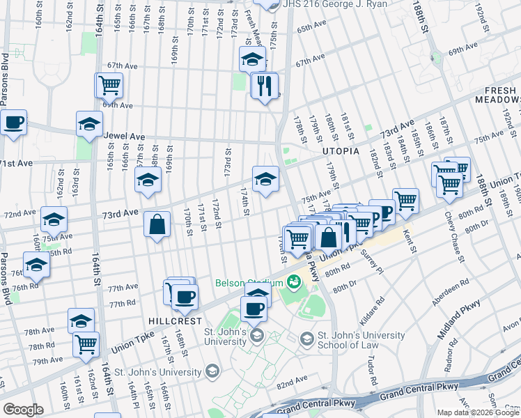 map of restaurants, bars, coffee shops, grocery stores, and more near in Queens