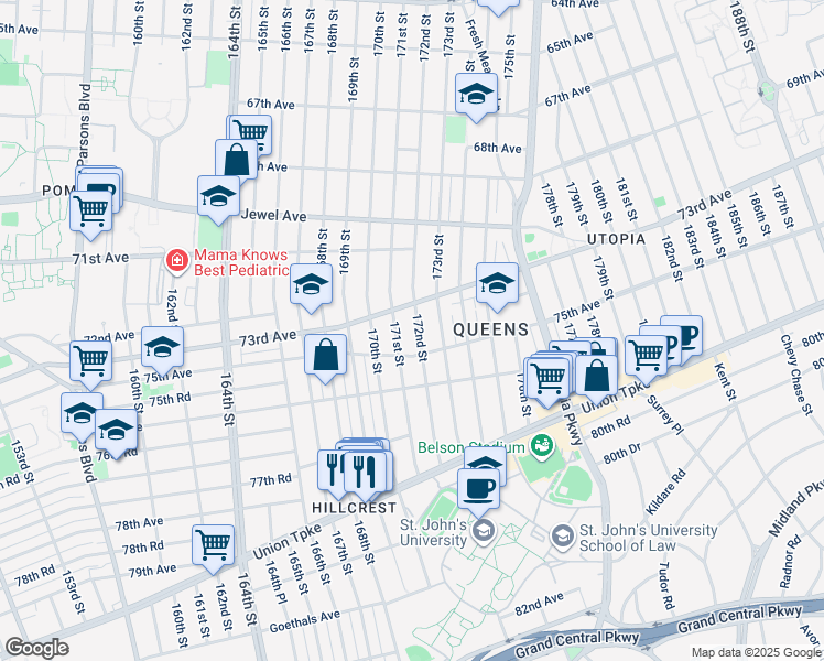 map of restaurants, bars, coffee shops, grocery stores, and more near 73-25 171st Street in Queens