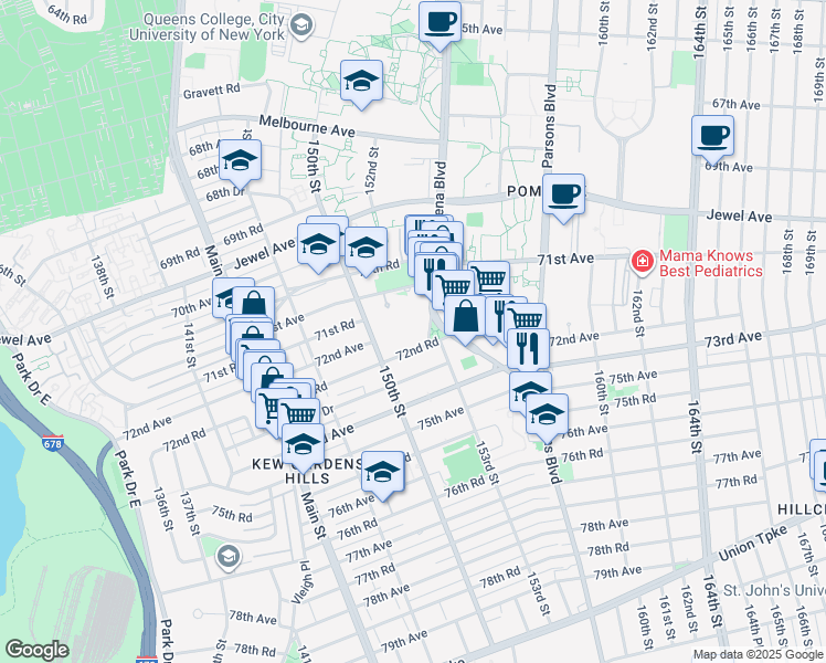 map of restaurants, bars, coffee shops, grocery stores, and more near 150-29 72nd Road in Queens