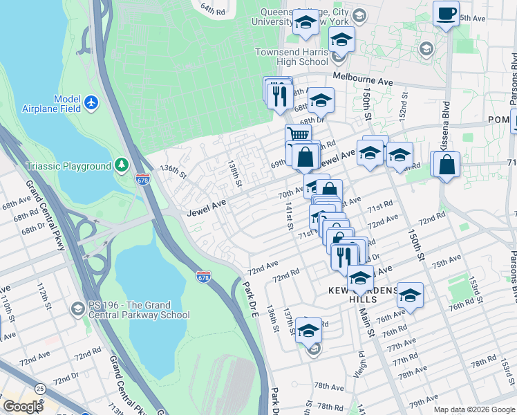 map of restaurants, bars, coffee shops, grocery stores, and more near 137-28 70th Avenue in Queens