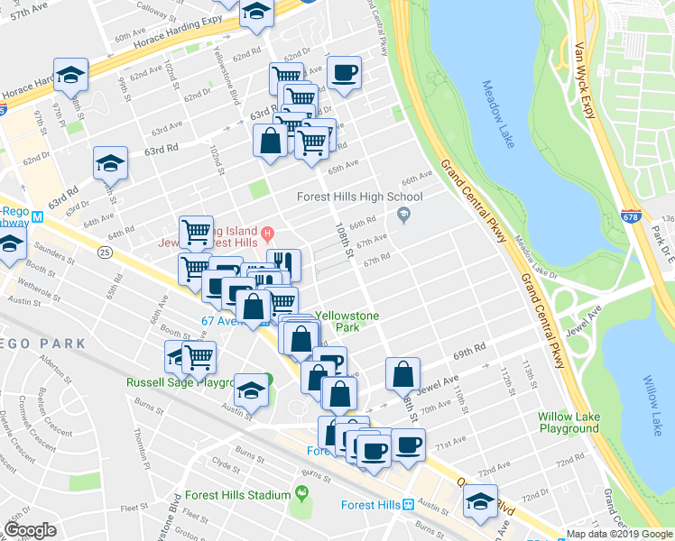 map of restaurants, bars, coffee shops, grocery stores, and more near 105-34 67th Avenue in Queens