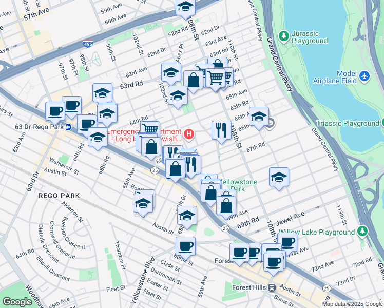 map of restaurants, bars, coffee shops, grocery stores, and more near 102-31 67th Avenue in Queens
