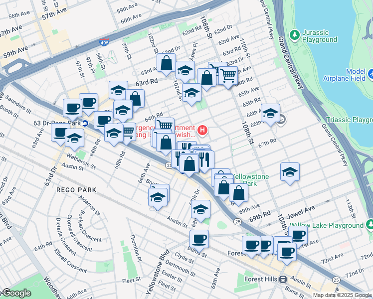 map of restaurants, bars, coffee shops, grocery stores, and more near 9952 66th Road in Queens