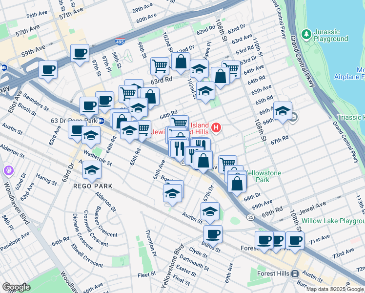 map of restaurants, bars, coffee shops, grocery stores, and more near 6611 99th Street in Queens