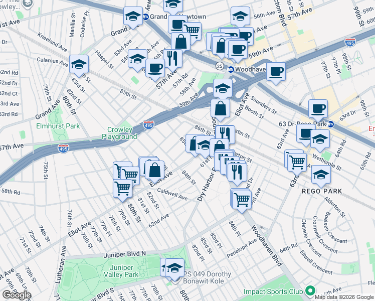 map of restaurants, bars, coffee shops, grocery stores, and more near 84-40 60th Drive in Queens