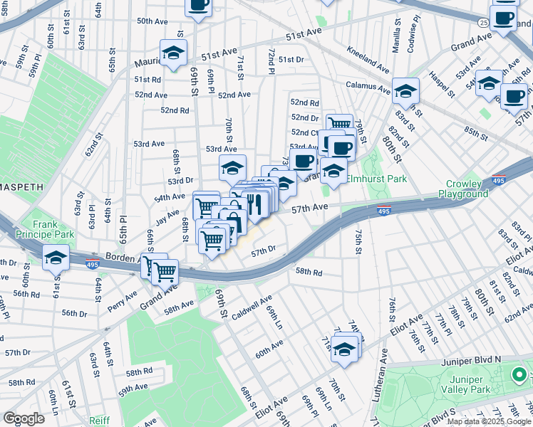 map of restaurants, bars, coffee shops, grocery stores, and more near 71-20 Grand Avenue in Queens
