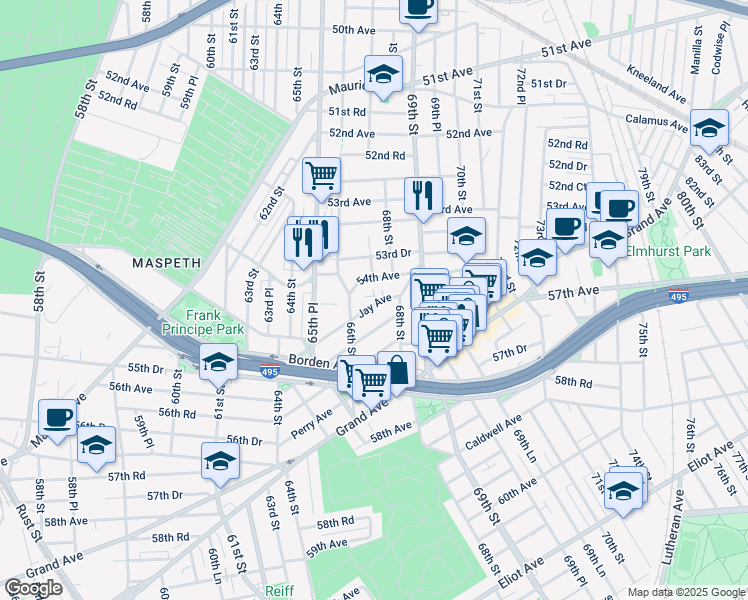 map of restaurants, bars, coffee shops, grocery stores, and more near 66-38 Jay Avenue in Queens