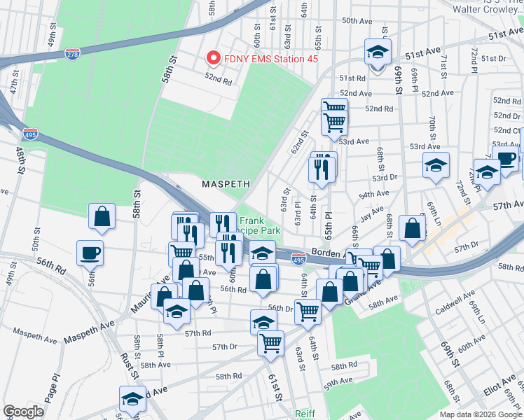 map of restaurants, bars, coffee shops, grocery stores, and more near 60-27 54th Avenue in Queens