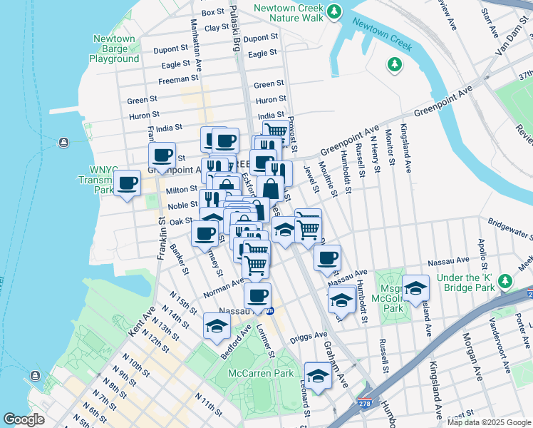map of restaurants, bars, coffee shops, grocery stores, and more near 257 Eckford Street in Brooklyn
