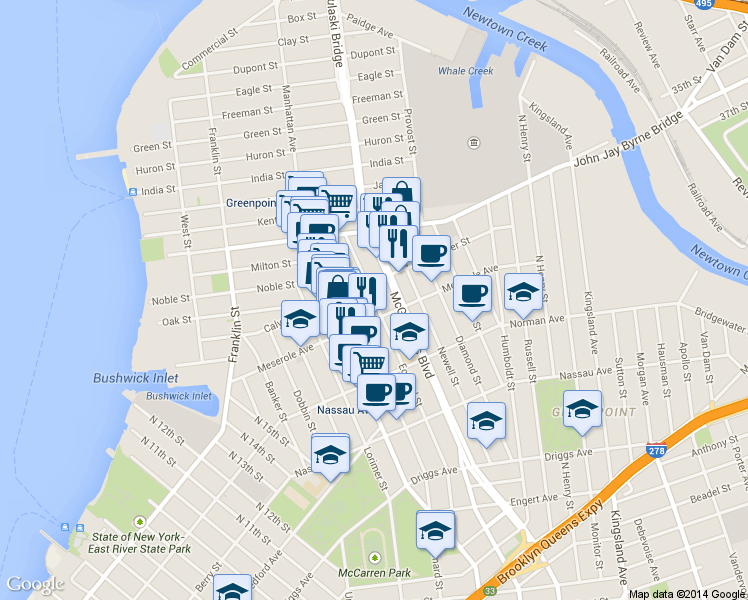 map of restaurants, bars, coffee shops, grocery stores, and more near 257 Eckford Street in Brooklyn