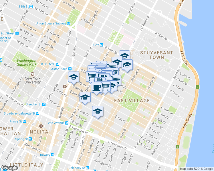 map of restaurants, bars, coffee shops, grocery stores, and more near 69 Saint Marks Place in New York