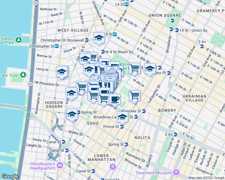 map of restaurants, bars, coffee shops, grocery stores, and more near 145 Bleecker Street in New York